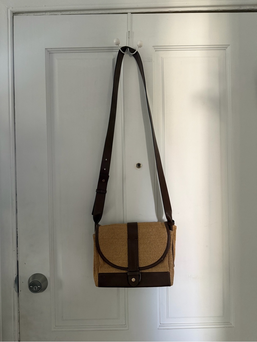 Straw Crossbody Bag with Leather Trim